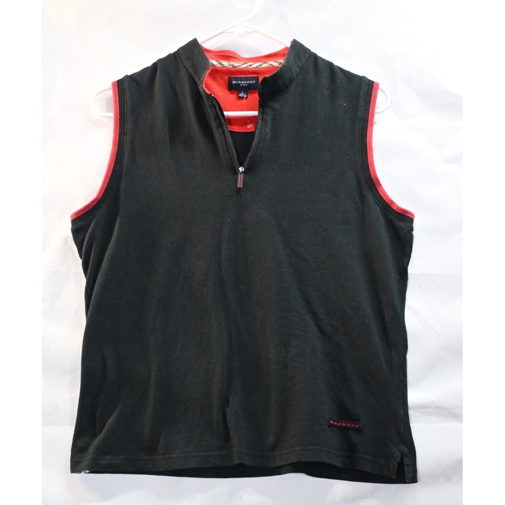 Burberry Women's Golf Sleeveless Vest Black Red Trim 1/4 Zip Pullover Size L